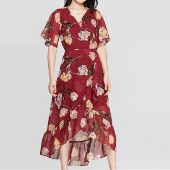 A New Day Floral Maroon Faux Wrap Short Sleeve Midi Dress Sz XL - Picture 1 of 5